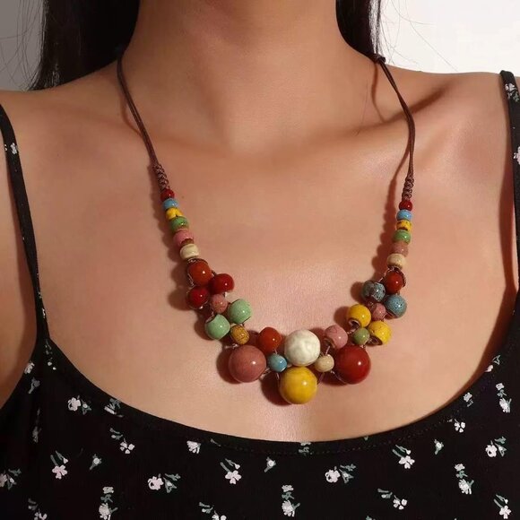 Boho Hippie Ceramic Beaded Necklace for Women Statement Chunky Bohemian Fall Col - Picture 7 of 7
